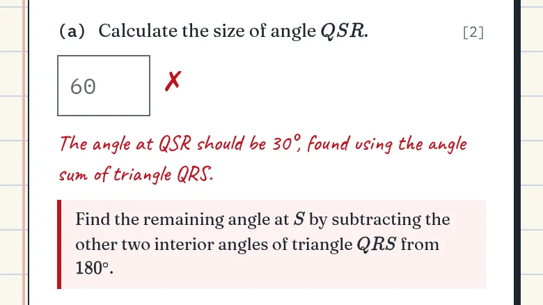 A marked part: the answer 60 with a cross, and the reason in red.