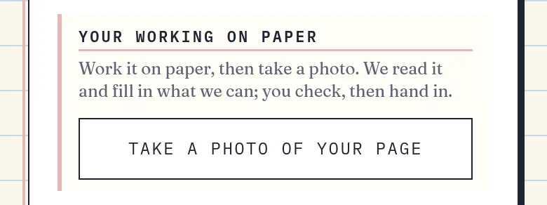 The question card with the Your working on paper box and its photo button.