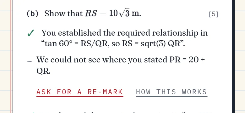 A mark for working that was not given, with Ask for a re-mark under it.