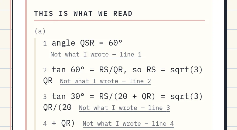 This is what we read: the lines read from the page, each with Not what I wrote.